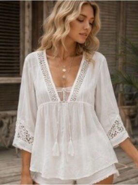 Raviya White Boho Tunic Cover Up Rayon Crochet Lace Top L EUC